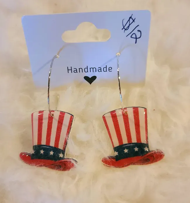 Red White and Blue Uncle Sam Hats on Silver Hooks Earrings