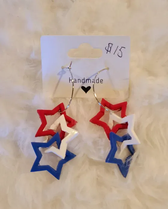 Red White and Blue Stars on Silver Hoops Earrings