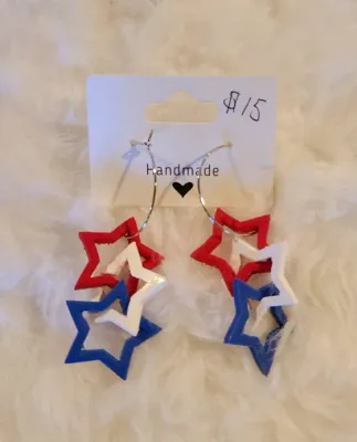 Red White and Blue Stars on Silver Hoops Earrings