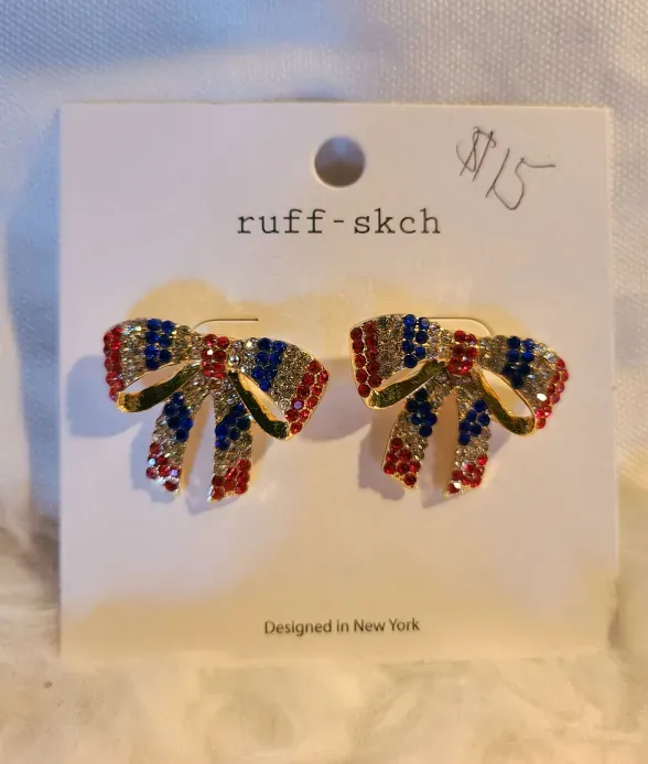 Red White and Blue Crystal Bow Earrings