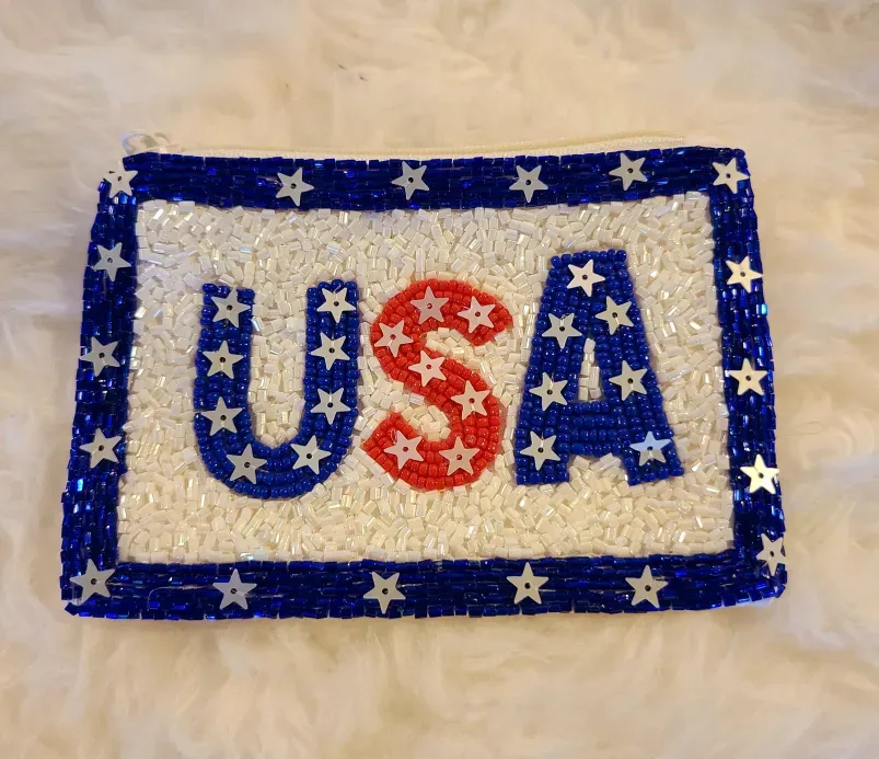 Red White and Blue USA Beaded Coin Purse