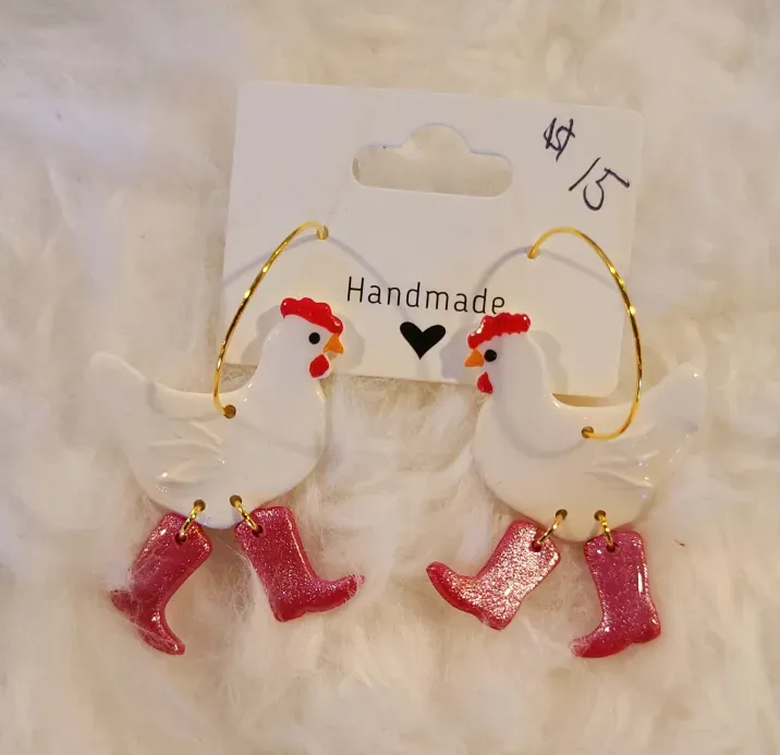 White Chickens with Red Cowboy Boots on Gold Hoops Earrings