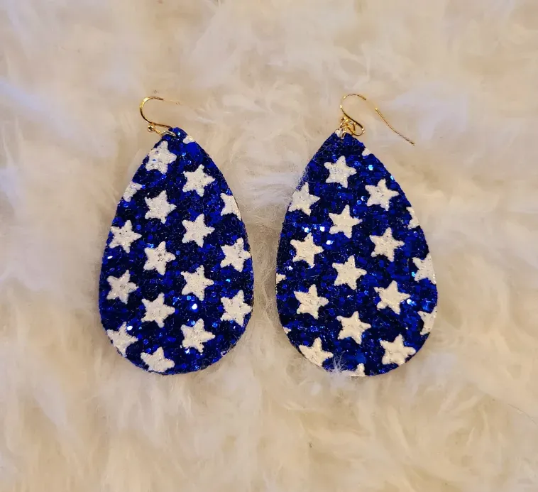 Blue with White Stars Glitter Earrings