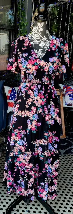 Black Floral Smocked Waist Dress