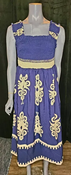 Navy and White Sleeveless Smocked Dress