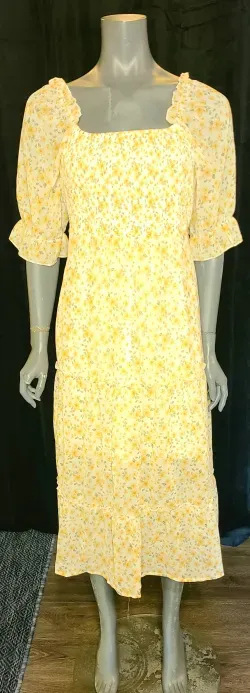 Yellow Floral Smocked Tiered Dress