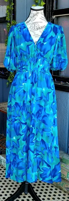 Blue Floral Puff Sleeve Dress