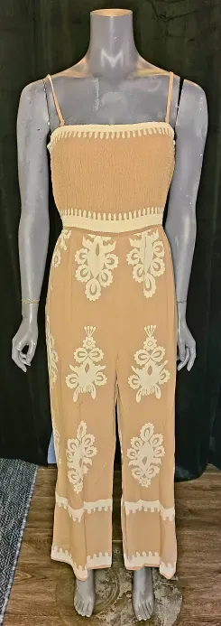 Khaki and White Smocked Jumpsuit with Pockets