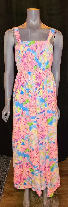 Pink Floral Print Smocked Jumpsuit with Pockets