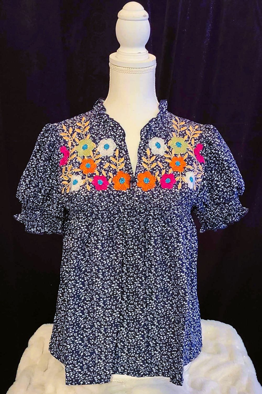 Navy Floral Puff Sleeve Top