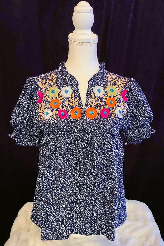 Navy Floral Puff Sleeve Top