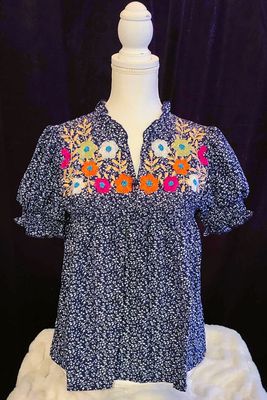 Navy Floral Puff Sleeve Top