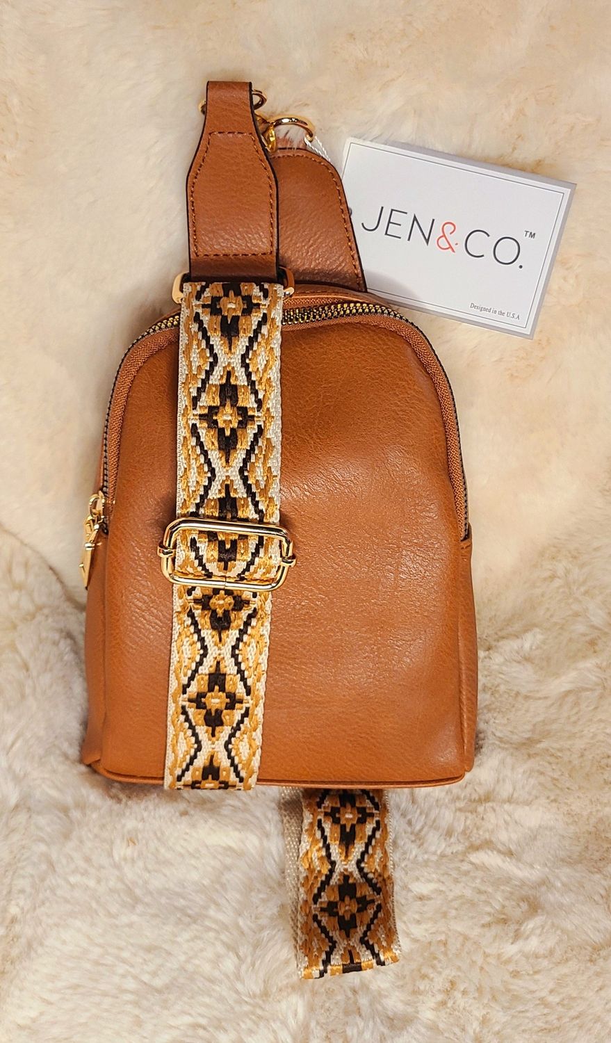 Jen &amp; Co Camel Sling Bag with Aztec Strap
