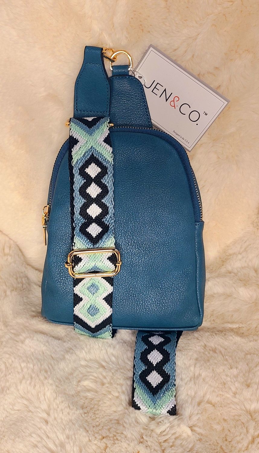 Jen &amp; Co Peacock Blue Sling Bag with Aztec Strap