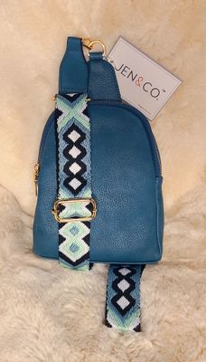 Jen &amp; Co Peacock Blue Sling Bag with Aztec Strap