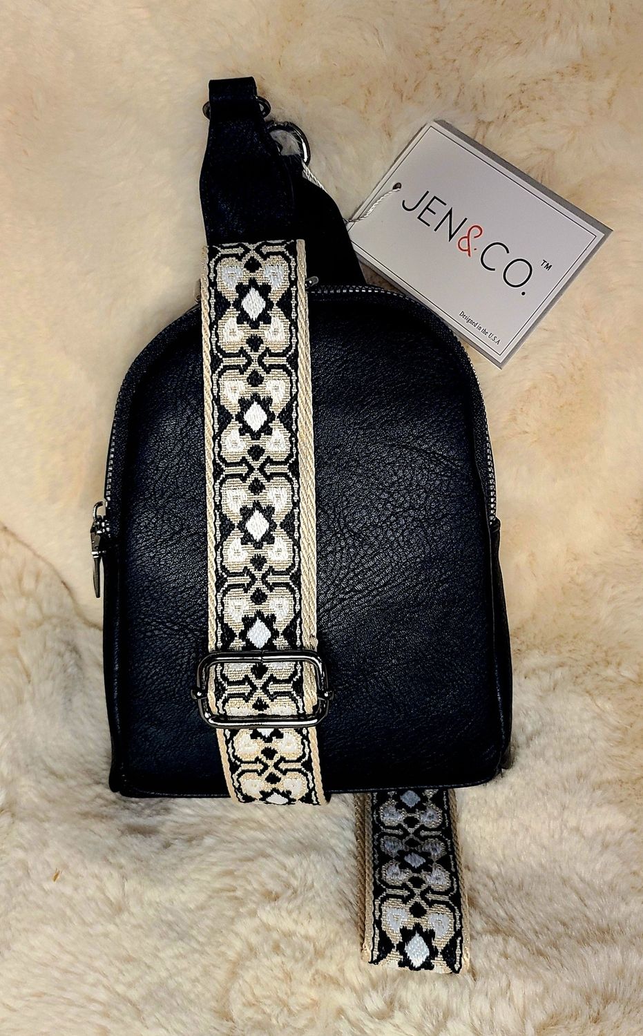 Jen &amp; Co Black Sling Bag with Aztec Strap