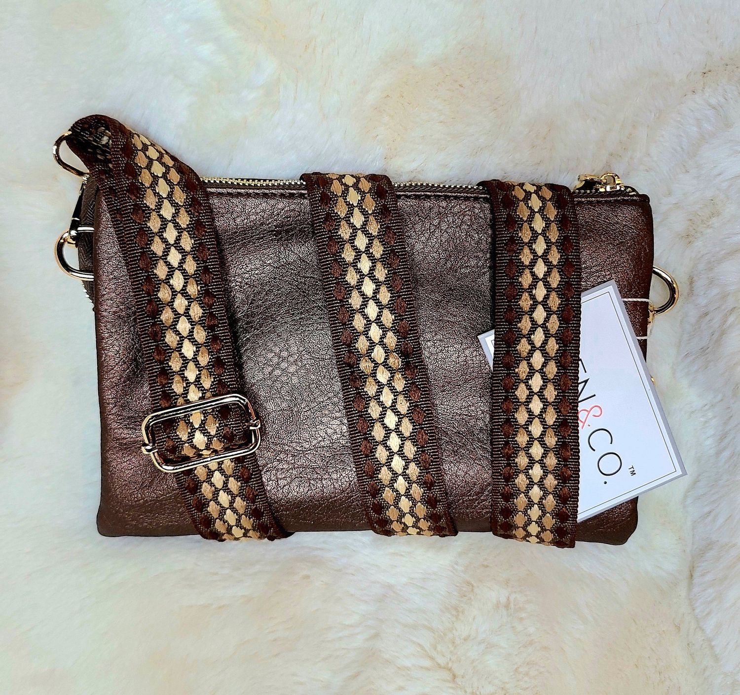Jen &amp; Co Cocoa Pearl Crossbody Purse with Aztec Strap