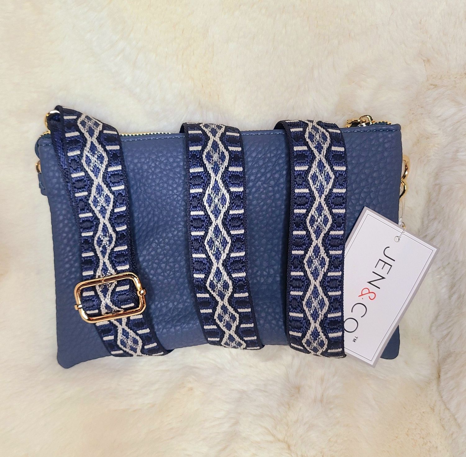 Jen &amp; Co Slate Blue Crossbody Purse with Aztec Strap