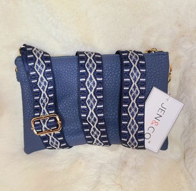 Jen &amp; Co Slate Blue Crossbody Purse with Aztec Strap
