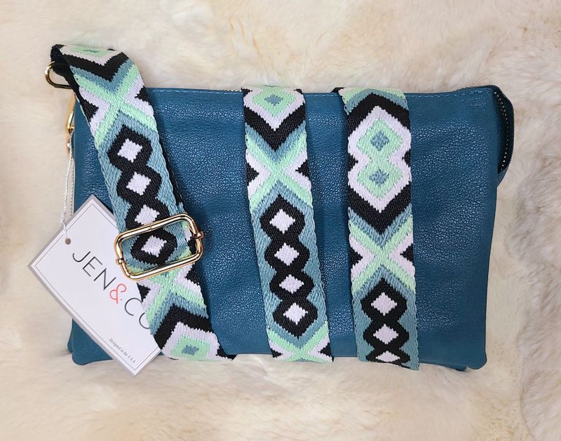 Jen &amp; Co Peacock Blue Crossbody Purse with Aztec Strap