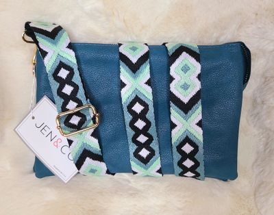 Jen &amp; Co Peacock Blue Crossbody Purse with Aztec Strap