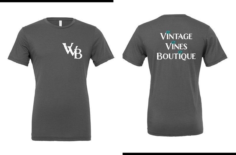 Vintage Vines Boutique Bella Canvas Asphalt Grey with White Letters T-Shirt