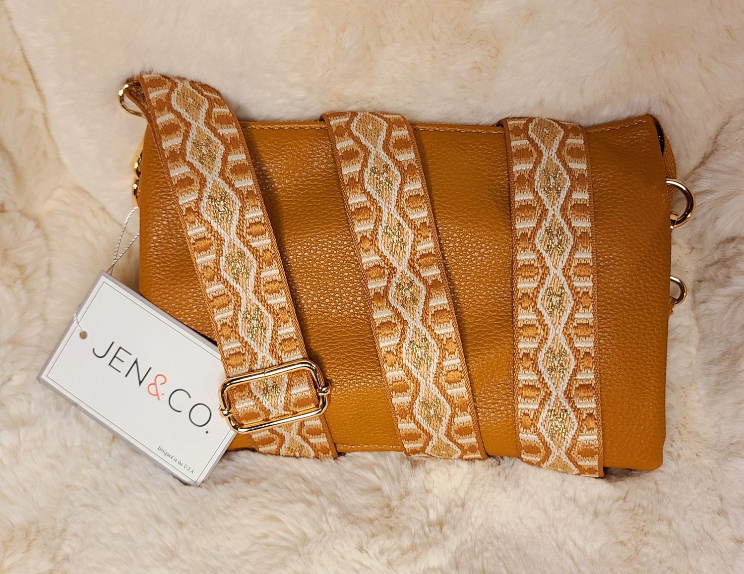 Jen &amp; Co Camel Crossbody Purse with Aztec Strap