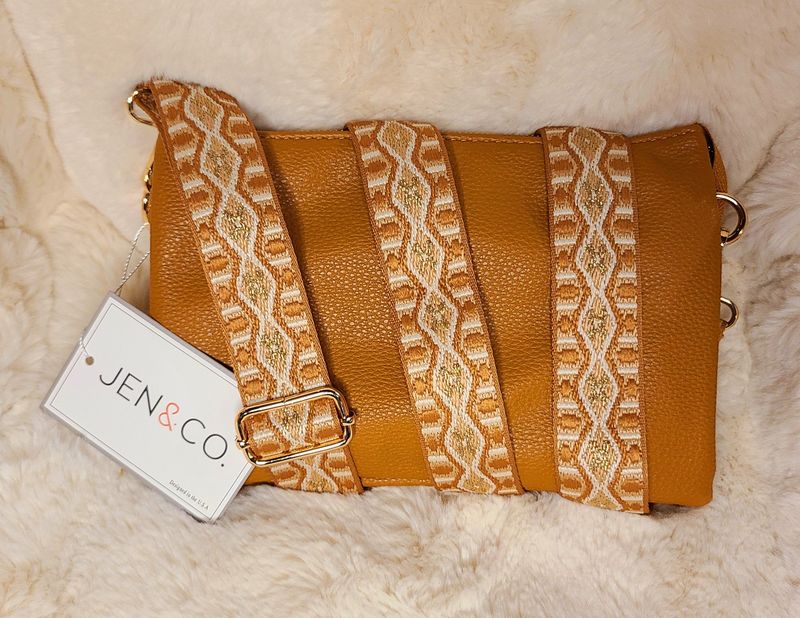 Jen &amp; Co Camel Crossbody Purse with Aztec Strap