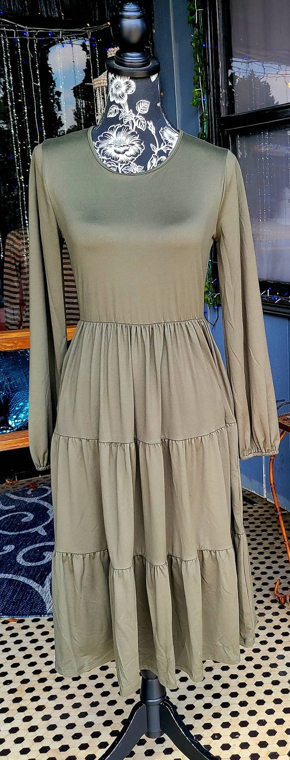 Olive Tiered Dress with Pockets