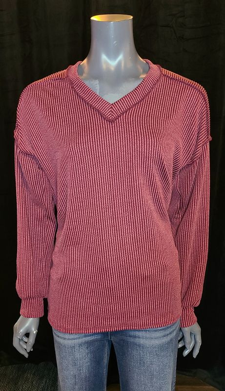 Burgundy Urban Ribbed V Neck Top