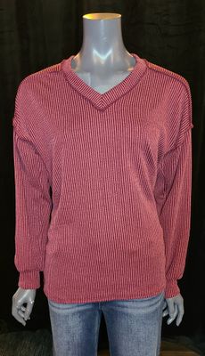 Burgundy Urban Ribbed V Neck Top
