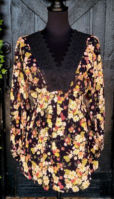 Black Floral Lace V Neck Top