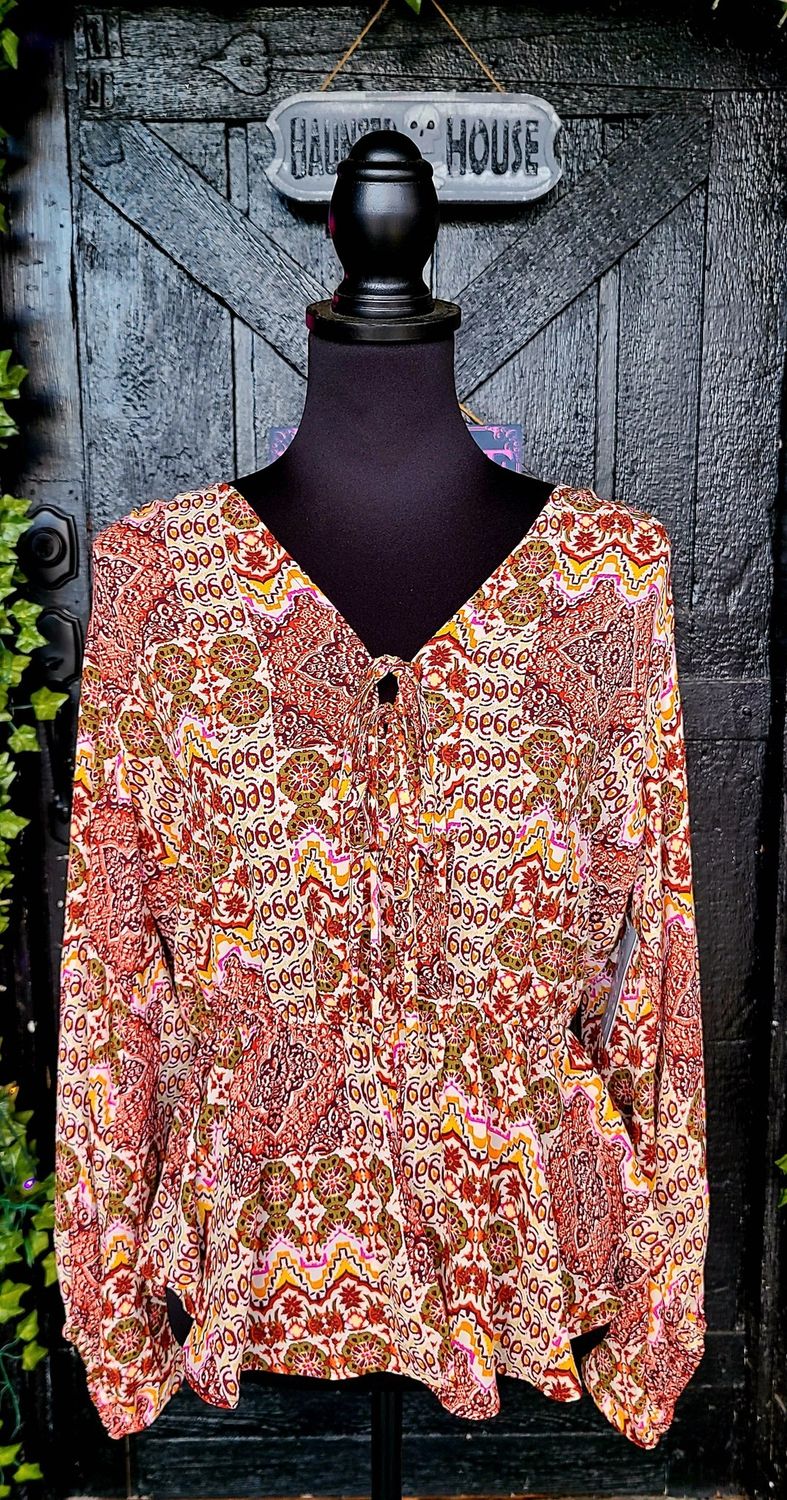 Burgundy Multiprint Tie Neck Top