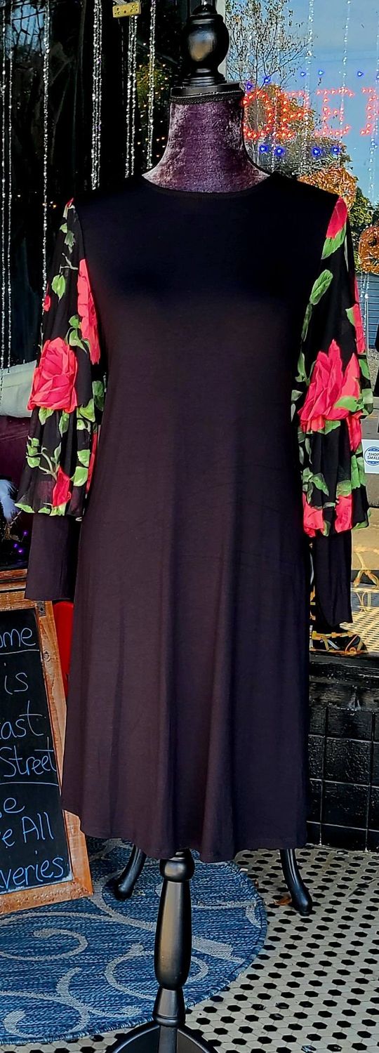 Black Dress with Red Floral Sleeves
