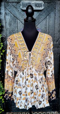 Beige with Black and Yellow Floral Bell Sleeve Top