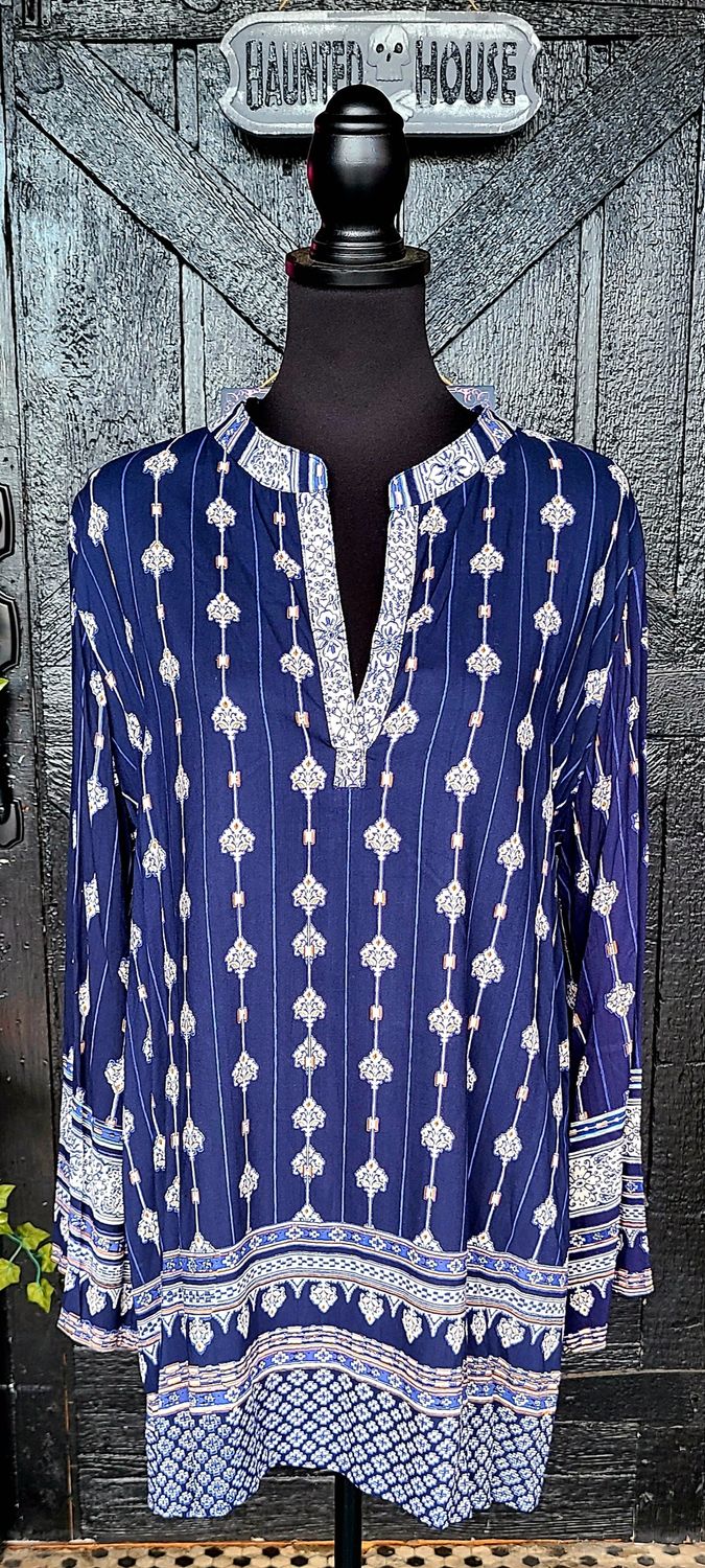 Navy V Neck High/Low Tunic Top