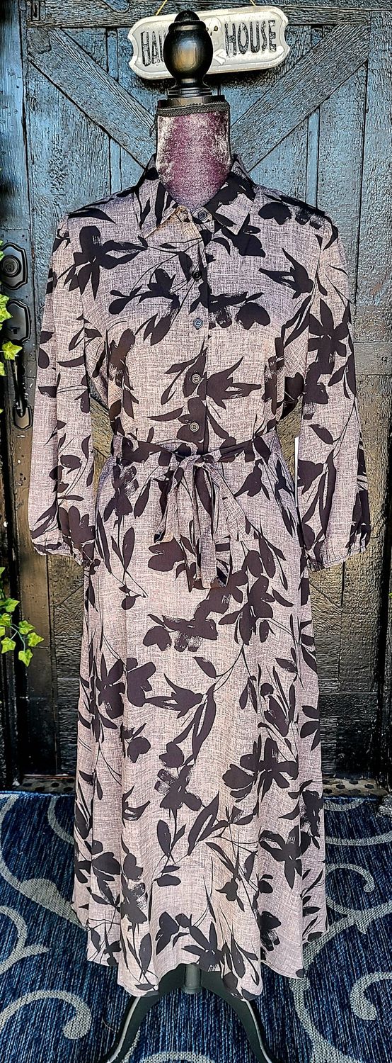 Grey with Black Floral Button Up Maxi Dress