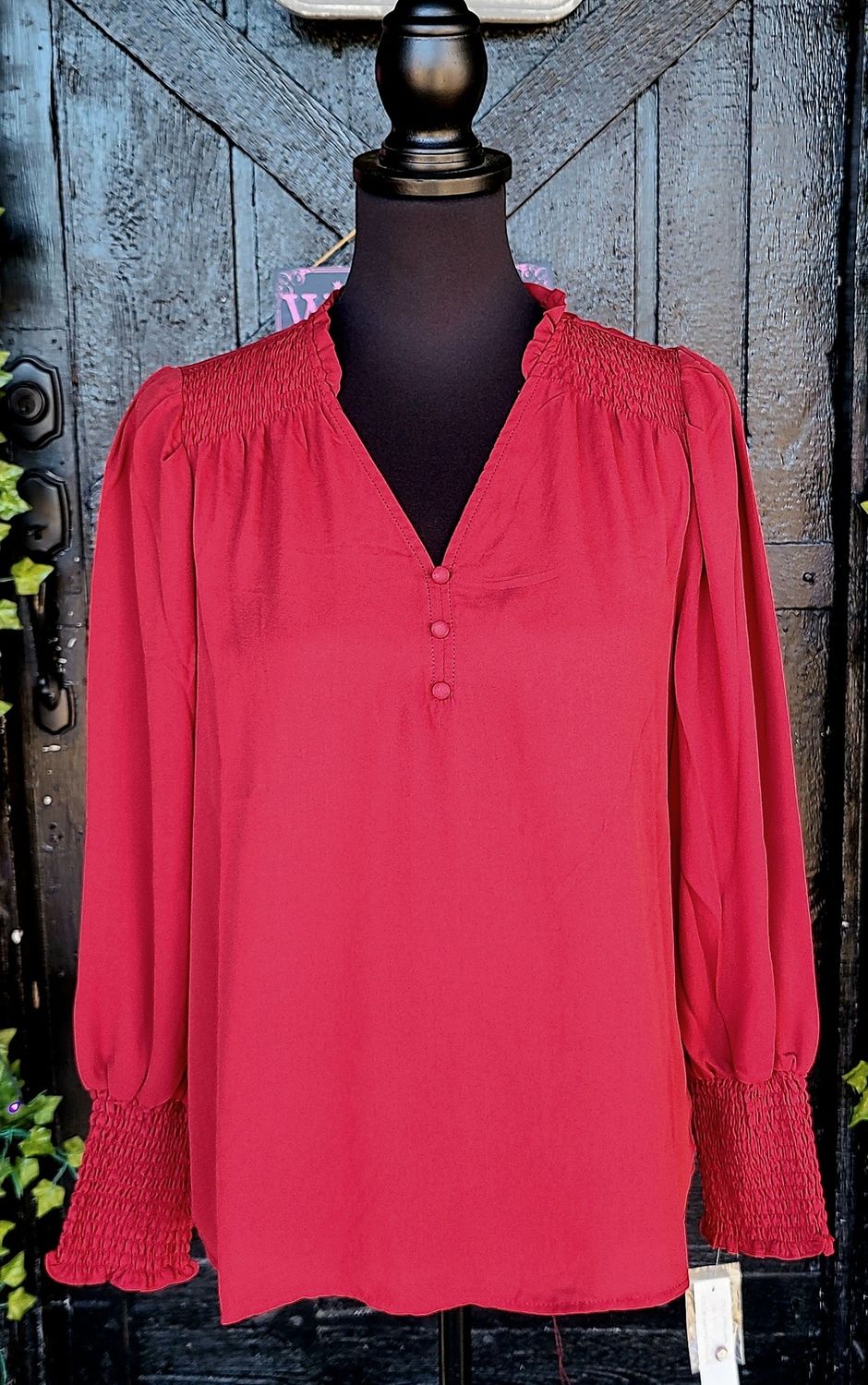 Wine Smocked Shoulder and Wrist Top
