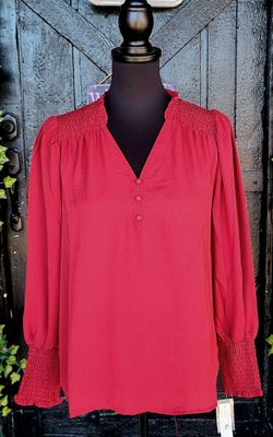 Wine Smocked Shoulder and Wrist Top