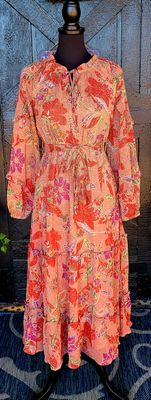 Dusty Pink with Orange and Purple Floral Ruffled Dress