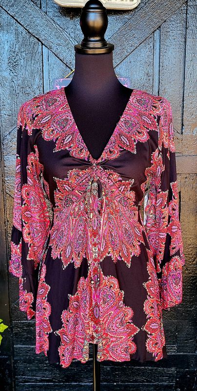 Black with Wine Paisley Bell Sleeve Top