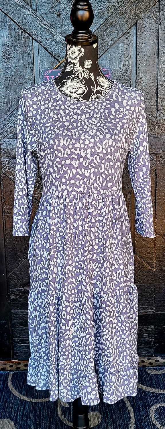 Grey Leopard Tiered Dress with Pockets