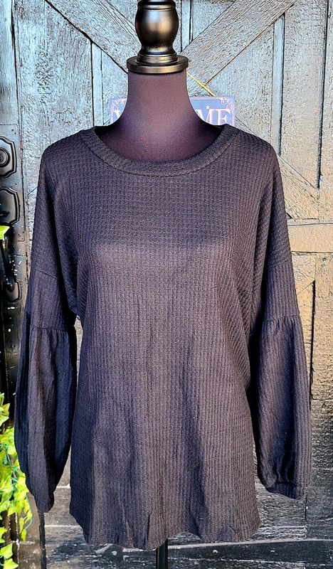 Plus Size Black Waffle Knit Puff Sleeve Top