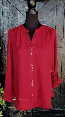 Wine V Neck Button Up Top