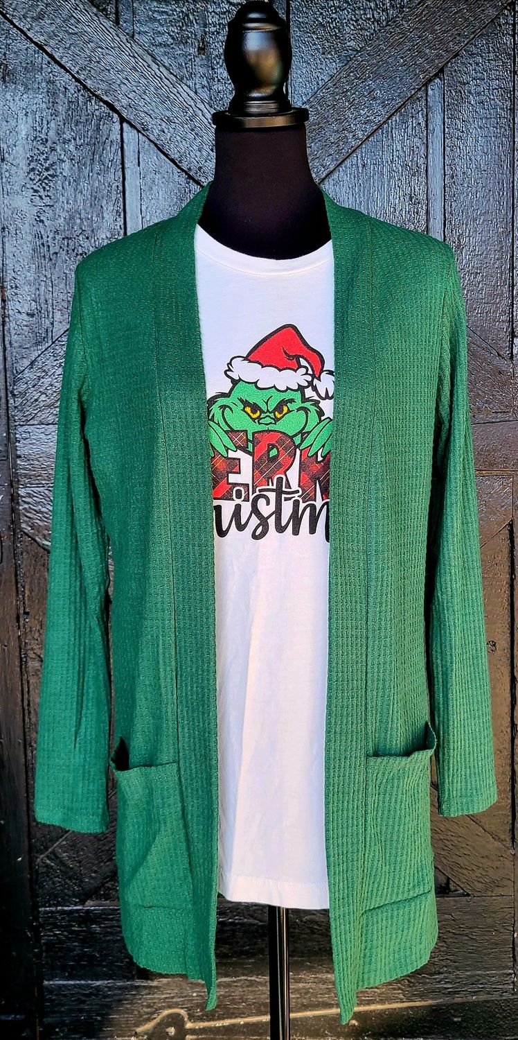 Hunter Green Waffle Knit Cardigan with Pockets