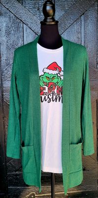 Hunter Green Waffle Knit Cardigan with Pockets