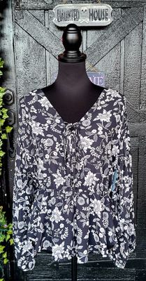 Black Floral Tie Neck Top
