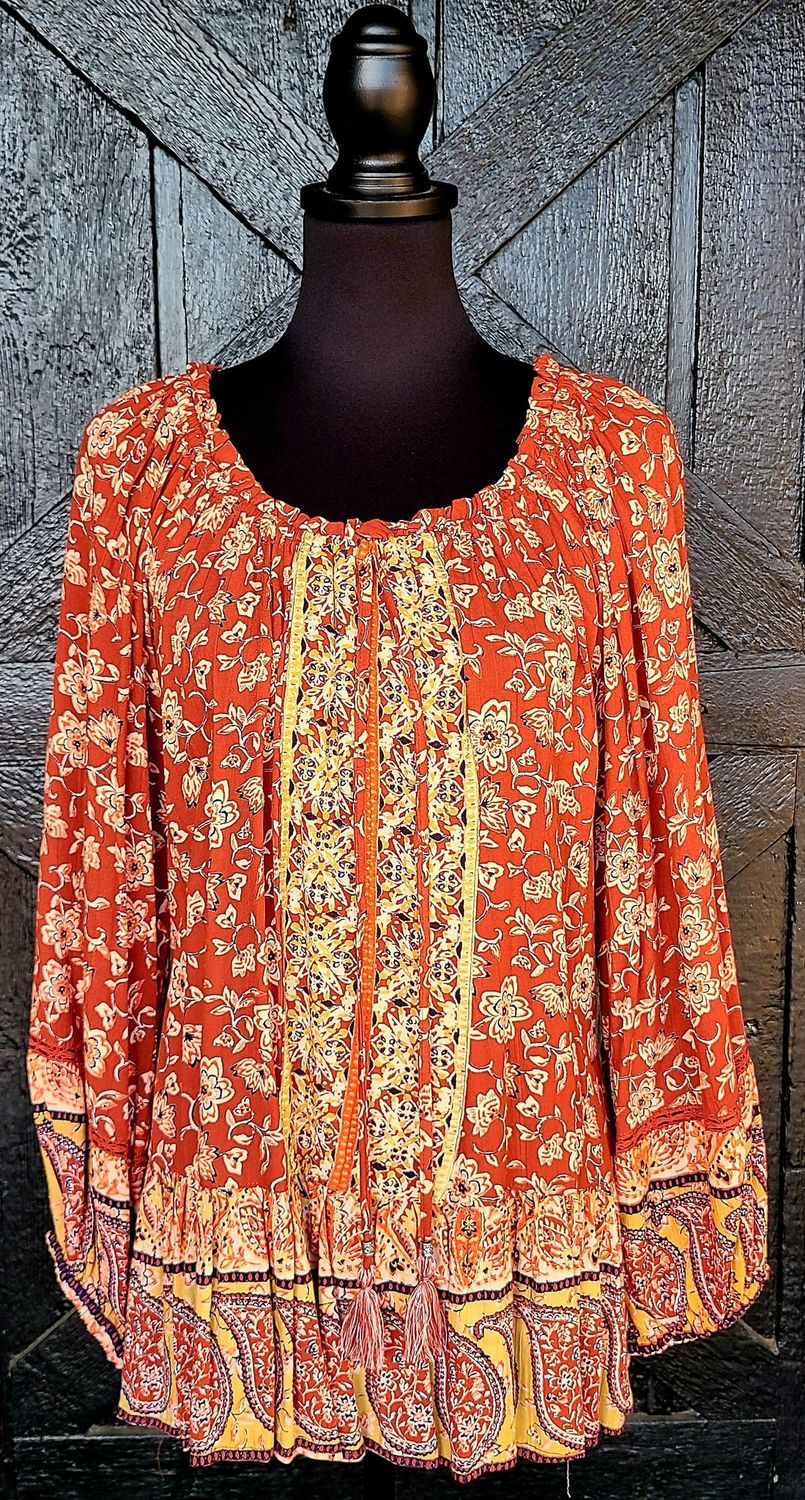 Rust Floral Puff Sleeve Top