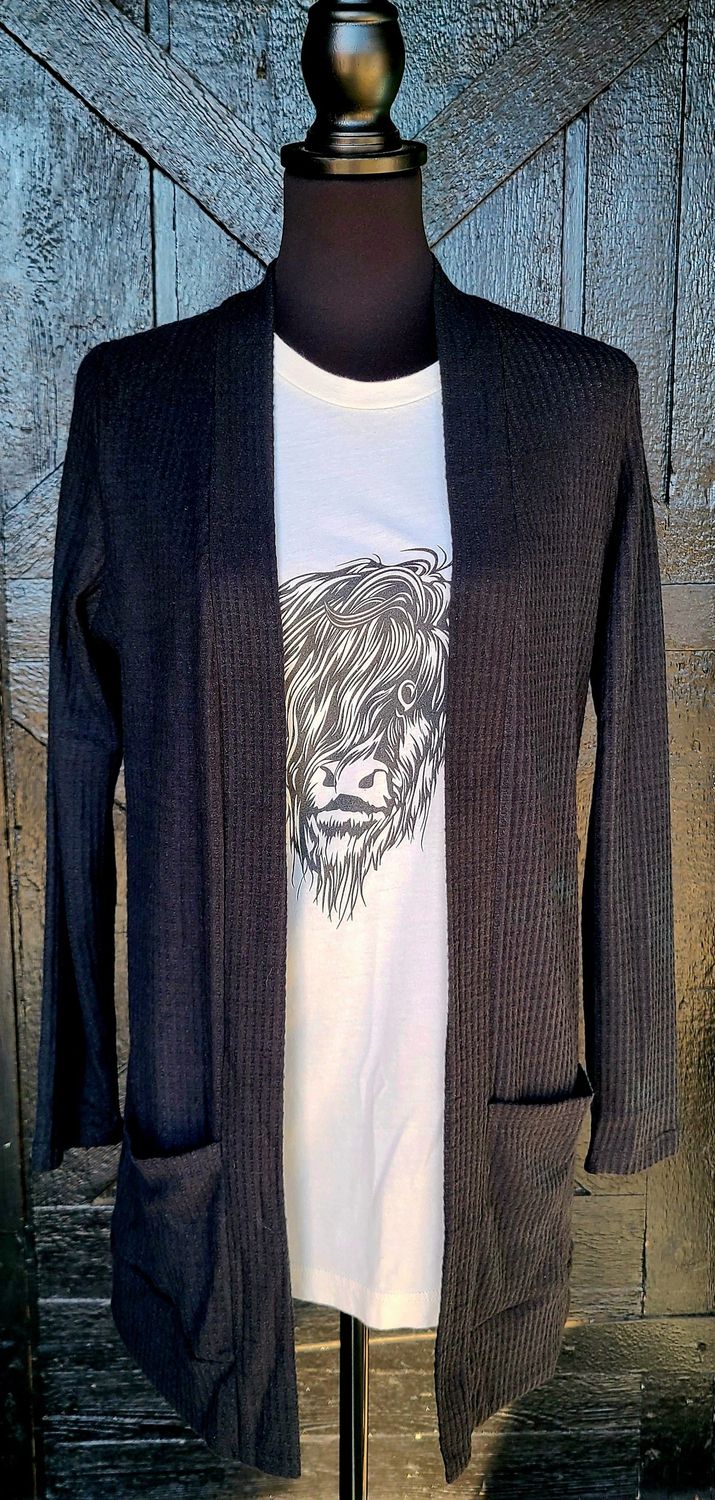 Black Waffle Knit Cardigan with Pockets