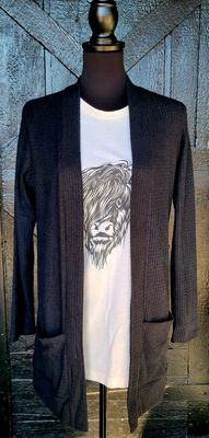 Black Waffle Knit Cardigan with Pockets